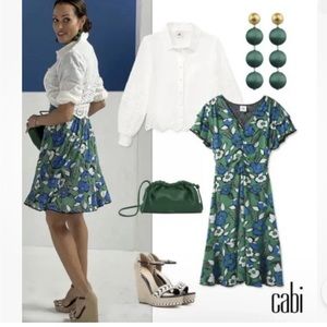 Cabi Celebrate Reversible green,blue, black midi length woman’s dress. MEDIUM